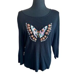 Sequin Butterfly Embellished Black Sweater Top Lucia Burns XL City Artsy Travel